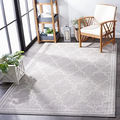 Image of SAFAVIEH Trellis Rug for Indoor &amp; Outdoor Amherst Collection, Short Pile, in Light Grey and Ivory color, 122 X 183 cm