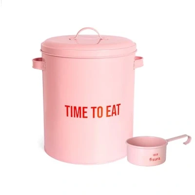 Image of Fisura Pink time to eat Pet food container. feed container with lid and measuring Scoop. Metal for dogs cats. 11 lb capacity