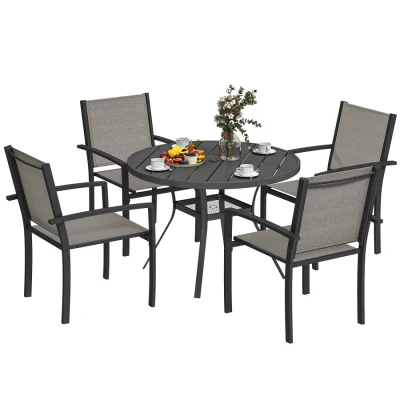 Image of Outsunny 5 Piece Garden Furniture Set, Dining Set with Round Table and 4 Stackable Chairs, Steel Frame, for Outdoor, Patio, Terraces, Dark Grey