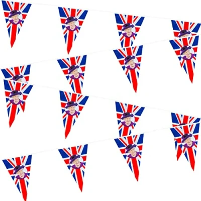Image of SHATCHI Platinum PVC 24 Large Purple White Flags UK 70th Anniversary Garden Home Street Party Banner Decorations, Triangle Queen Jubilee Bunting