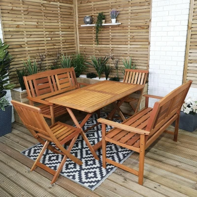 Image of Outdoor 6 Person Folding Rectangular Wooden Garden Dining Table Chairs and 2 Benches Set