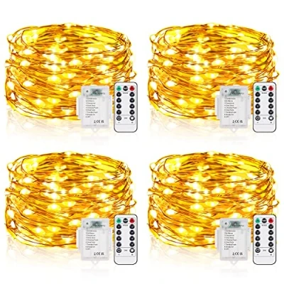 Image of Fairy Lights Battery Operated, 5M 50 LED String with Remote Control, 8 Modes Waterproof Dimmable for Indoor Outdoor Lighting, Wedding, Christmas Decoration (4 Packs, Warm White)