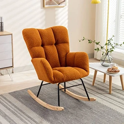 Image of ABIN Rocking Armchair, Mid Century Modern Teddy Fabric Tufted Chair Padded Seat, Leisure Relax Chair, Suitable for Living Room Bedroom Office Nursery (Caramel)