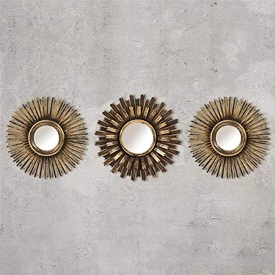 Image of 3Pc Shabby Chic Round Sunburst Wall Mirrors In Distressed Gold, Decorative Mountable Home Decor (Gold)