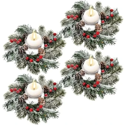 Image of KAHEIGN 4Pcs Christmas Candle Rings, 20CM Artificial Red Berries Pinecones Wreath Snowy Pine Needles Holder for Pillars Rustic Wedding Centerpiece Front Door Table Party Decoration