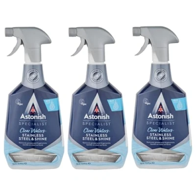 Image of Astonish Specialist Stainless Steel and Shine Spray, for Polished Surfaces, Clear Waters, 3 x 750ml