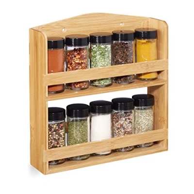 Image of Relaxdays 10028825 Spice Rack, 10 Herb Jars with Shaker Inserts &amp; Screw Caps, Standing Hanging, Bamboo, Natural, Glass, Plastic