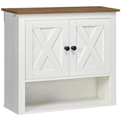 Image of kleankin Farmhouse Bathroom Cabinet Wall Mounted, with Storage Shelves and Cupboard, Ash Wood Effect