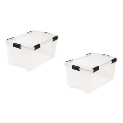 Image of Solent Plastics Pack of 2 x 50 Ltr Large Airtight Clear Storage Box with Lids Damp Proof Boxes, Loft Boxes