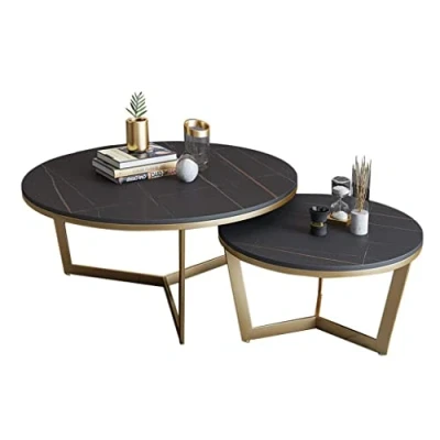 Image of Round Coffee Table Nesting End/Side Tables Set of 2 End Nested Modern Metal Frame Legs Sofa Cocktail with Storage Open Shelf for Living Room