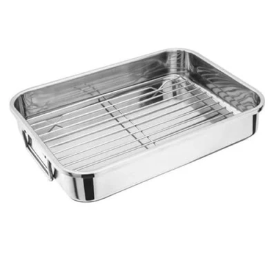Image of DIOXSTAR Stainless Steel Roasting Tray, Rectangular Pan with Rack, Multipurpose Tin, Easy to Clean, Durable &amp; Lightweight, 32cm x 23cm 6cm