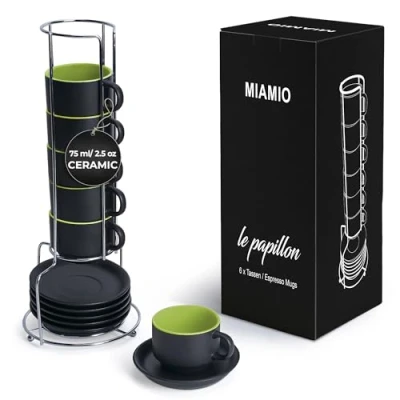 Image of MIAMIO 75 ml Espresso Cup Set with Saucers Coffee Mug of 6 Ceramic Stackable Stand for Drinks, Latte, Cafe Mocha Le Papillon Collection (Green)