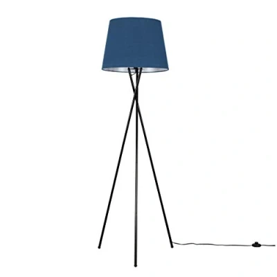 Image of MiniSun Modern Gloss Black Metal Tripod Floor Lamp with a Navy Blue Tapered Shade