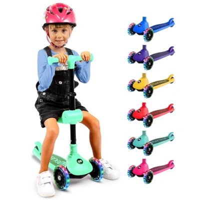 Image of SereneLife 3 Wheel Foldable Kids Scooter Seat, LED Lights, Adjustable Handlebar, Rear Foot Brake, Lean to Steer, Anti Slip Deck, Ideal for Toddlers 3+, up 110Lbs (Mint Green)