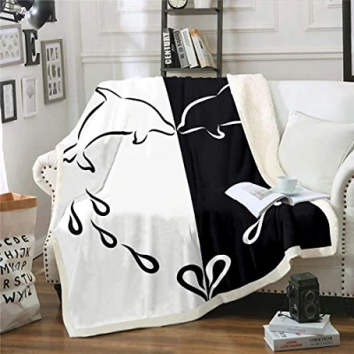 Image of Dolphin Sherpa Blanket Ocean Marine Themed Fleece Throw for Sofa Couch Bed Couple Black White Sea Creatures Heart Decor Plush Romantic Sealife Warm Fuzzy Baby 30&quot;x40&quot;