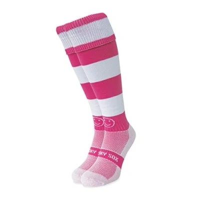 Image of WackySox Pink and White Hoop Rugby Socks, Sports Socks for Men Women, Mens Work Perfect Riding, Football, Running, Hockey other Activities