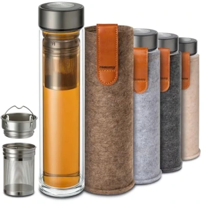 Image of Cosumy Tea Bottle with Strainer to Go 500ml Double Walled Glass Felt Cover Heat Resistant Leak Proof Dishwasher Safe (Sand Brown)