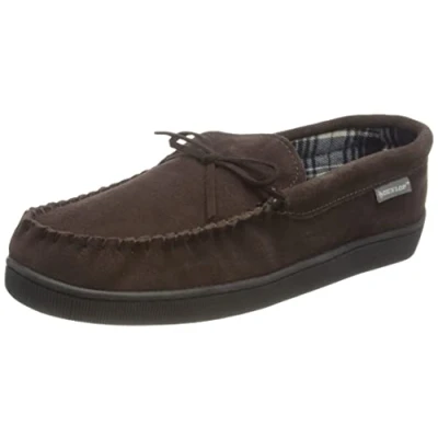 Image of DUNLOP Mens Real Suede Leather Faux Sheepskin Fur Plush Fleece Lined Moccasin Slippers Memory Foam Rubber Sole House Bedroom Indoor (9 UK, Dark Brown)