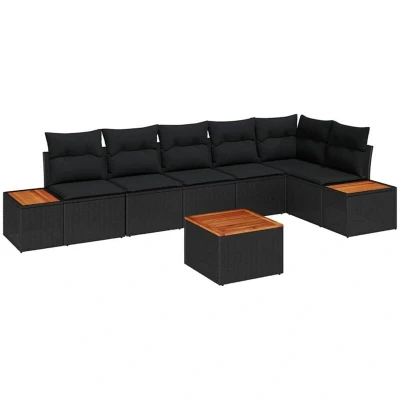 Image of vidaXL 7 Piece Garden Sofa Set with Cushions Black Poly Rattan Acacia