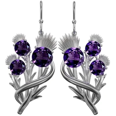 Image of CAIRN Sterling Silver Scottish Thistle Earrings With 6 Amethysts Croy. Jewellery Gift Box Included. 5595