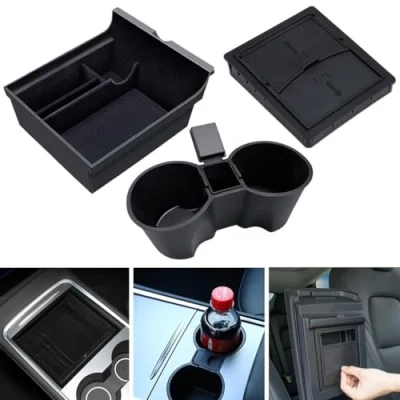Image of Center Console Organizer Tray + Armrest Hidden Storage Box Cup Holder 3 PCS for Tesla Model Y 2023 2022 2021, Car Interior Flocked Cubby Drawer, Drink