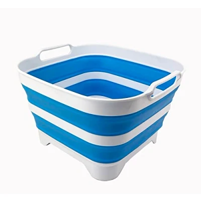 Image of SAMMART 10L Collapsible Dishpan with Draining Plug Foldable Washing Basin Portable Dish Tub Space Saving Kitchen Storage Tray (White/Aqua Blue/White)