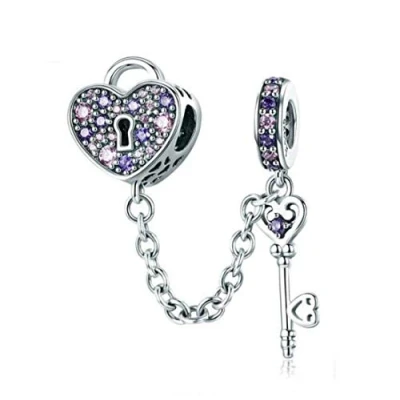 Image of I Love You Forever,Heart Key Charm fit Pandora Bracelet 925 Sterling Silver Safety Chain for (Lock and Charm)