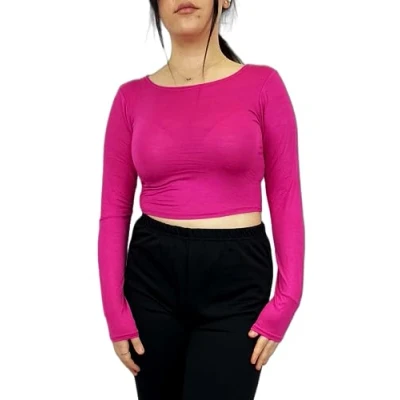 Image of Womens Crop Long Sleeve T Shirt Ladies Short Plain Basic Round Neck Shirts Top 8 14 Cerise