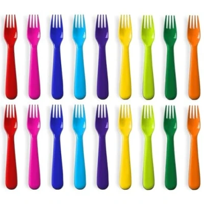 Image of PLASKIDY Plastic Kids Forks Set of 18 Toddler BPA Free/Dishwasher Safe Reusable Children&#039;s Fork Brightly Colored Cutlery Flatware