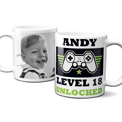 Image of Thoughtful Gifts Gamer Photo Mug Level 18 Unlocked, Birthday Personalised Mug, for Year Old boy, Cup 18th Birthday, Gift.