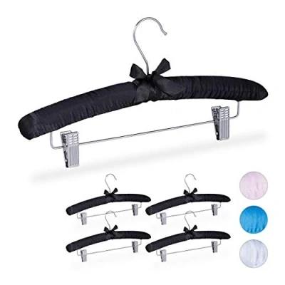 Image of Relaxdays Satin Hangers Set of 5 Padded Vintage Adjustable Clips Swivel Hook 38cm Wide Black