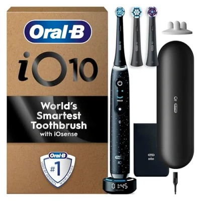Image of Oral B iO10 Electric Toothbrushes Adults, Gifts For Women / Men, 1 Handle, 3 Toothbrush Heads, Charging Travel Case, Head Holder, 7 Modes, 2 Pin UK Plug, Cosmic Black, IO