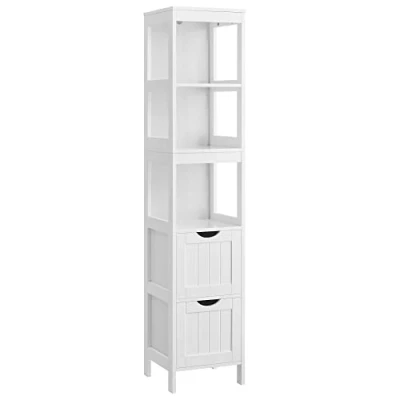 Image of VASAGLE High Cabinet Bathroom Storage with Legs Slim Column 2 Drawers and 3 Open Compartments 30 x 141.5 cm for Bathroom, Living Room, Kitchen, White BBC66WT