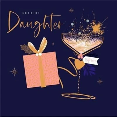 Image of UK Greetings Special Daughter Christmas Card Cocktail and Gift with foil,decoupage embossed details Eco Friendly, 185 x 180mm