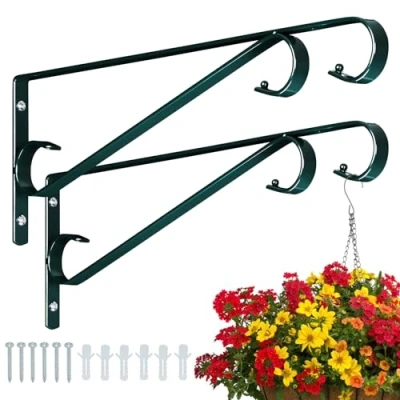 Image of Plant Hangers Outdoor (2 Pack 15.5 Inch Hooks Blackish Green) Heavy Duty Iron Hanger Hook for Wall, Hanging Bracket Planters, Bird Feeders, Lanterns, Wind Chime , Indoor