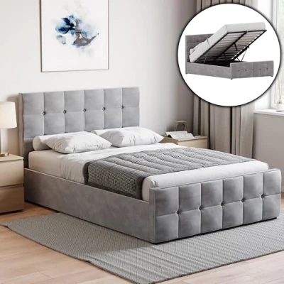 Image of Vida Designs Valentina Double Ottoman Bed, 4 Foot 6 Bed Frame Storage Lift Upholstered Fabric Headboard Bedroom Furniture, Light Grey Velvet