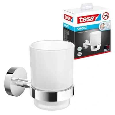 Image of tesa SMOOZ Toothbrush and Toothpaste Holder No Drill Wall Mounted Satined Cup with Chrome Plated Holder, Stainless Waterproof Includes Removable Glue Solution 113 mm x 79 124