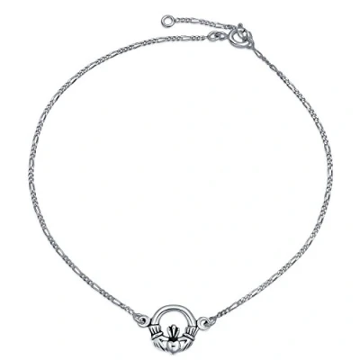 Image of Bling Jewelry Celtic Heart Claddagh Anklet Figaro Chain Ankle Bracelet for Women Teens Oxidized .925 Sterling Silver Adjustable