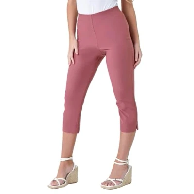 Image of Roman Originals Cropped Trousers for Women UK Ladies Capri Leggings Summer Pants Short Crop Stretch 3/4 Length Three Quarter Pedal Pusher Clothes Elasticated Bengaline Cut Off Dusky Pink Size 14