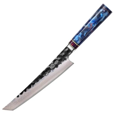 Image of MITSUMOTO SAKARI Japanese Sushi Knife, 8 inch Hand Forged Tricolour Copper Damascus Steel Chef Professional Kitchen Yanagiba Knife (Blue Resin Handle and Sandalwood Box)