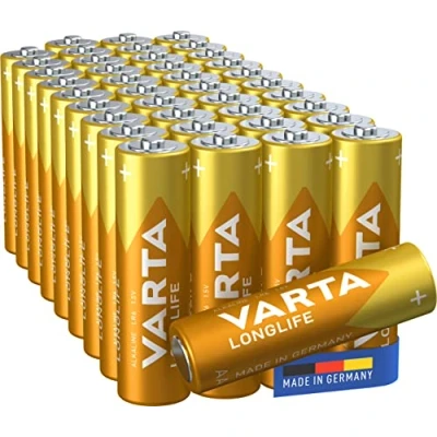 Image of VARTA AA batteries, pack of 40, long life, alkaline, 1.5 V, for remote controls, radios, clocks, made in Germany