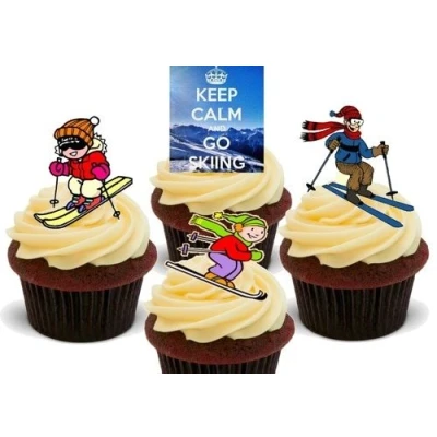 Image of Keep Calm Go Skiing Mix 12 Edible Stand Up Premium Wafer Card Cake Toppers Decorations
