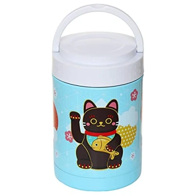 Image of Puckator Maneki Neko Insulated Hot &amp; Cold Lunch Pot, Reusable Leakproof Thermal Travel Food Storage, 500ml, Stainless Steel BPA Free PVC, Multicolour
