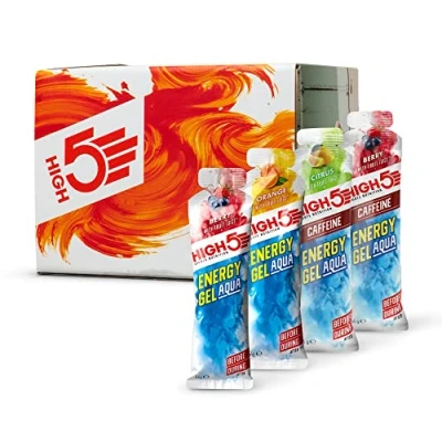 Image of HIGH5 Energy Gel Aqua Quick Release Sports Gels to Power Muscles for Top Performance Natural Fruit Juice &amp; No Caffeine On The Go Boost Running, Cycling and Endurance (Mixed, 15 x 66g)