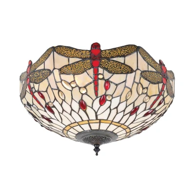 Image of Dragonfly 2 Light Medium Ceiling Flush Dark Bronze, Beige, Tiffany Style Glass, E27