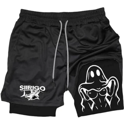 Image of Siirigo Shorts Men, Sexy Boobs Graphic Print Gym Performance Shorts, Running with Phone Pocket (L,A 2)