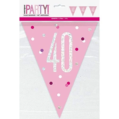 Image of &quot;40&quot; Plastic Pennant Banner 9&#039; Pink and Silver 1 Pc.
