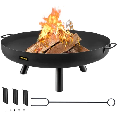 Image of VEVOR Fire Pit Bowl, 30 Inch Deep Round Carbon Steel Wood Burning for Outdoor Patios, Backyards &amp; Camping Uses, with A Drain Hole, Portable Handles and Firewood Stick, Black