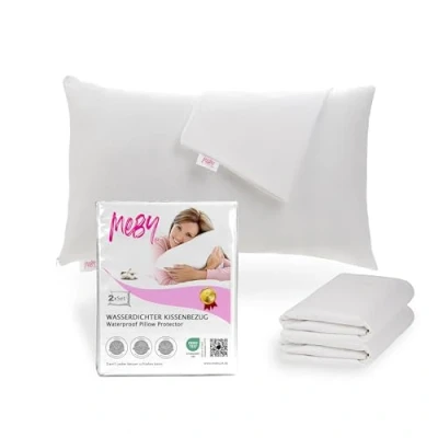 Image of Set of 2 Waterproof Cotton Pillow Protectors with Hidden Zipper. Breathable Protector, Moisture Protection, Elastic, White (40 x 60 cm)