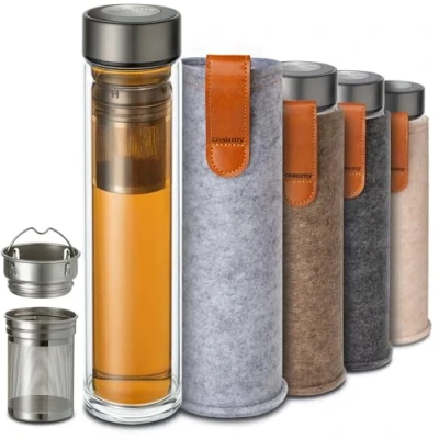 Image of Cosumy Tea Bottle with Strainer to Go 500ml Double Walled Glass Felt Cover Heat Resistant Leak Proof Dishwasher Safe (Grey)